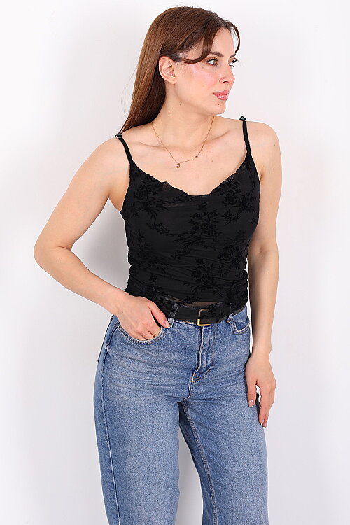 Kadife Baskılı Degaje Yaka Siyah Kadın Askılı Bluz - 6