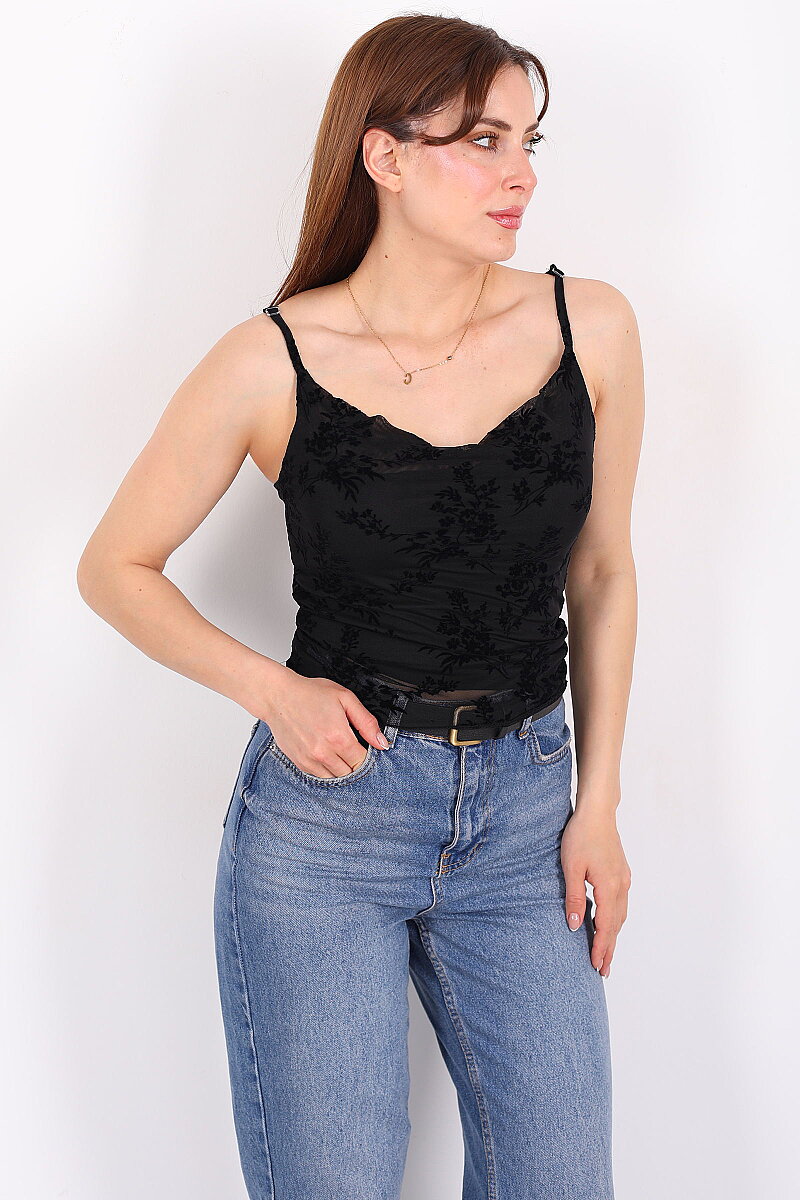 Kadife Baskılı Degaje Yaka Siyah Kadın Askılı Bluz - 6