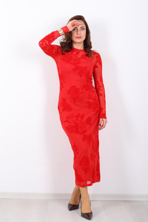 Kadife Baskılı Kırmızı Kadın Astarlı Elbise - 4