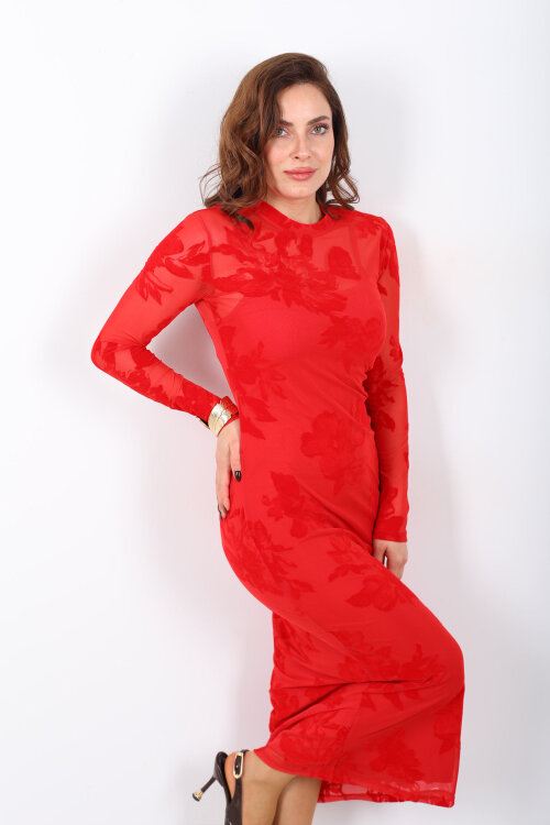 Kadife Baskılı Kırmızı Kadın Astarlı Elbise - 3