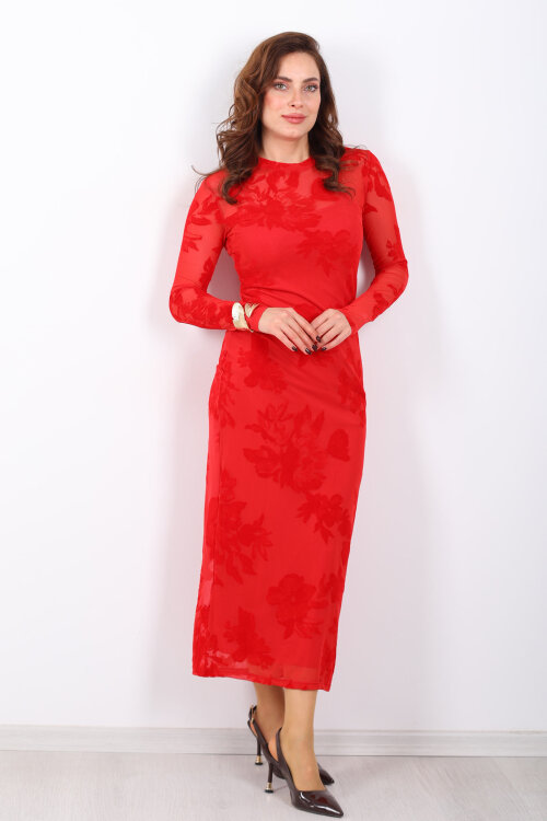 Kadife Baskılı Kırmızı Kadın Astarlı Elbise - 5