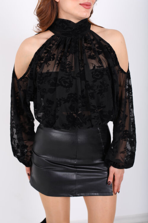 Kadife Baskılı Omuz Açık Siyah Kadın Tül Bluz - Berox (1)