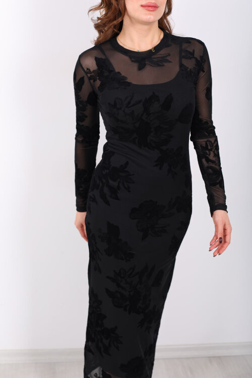 Kadife Baskılı Siyah Kadın Astarlı Elbise - Berox (1)