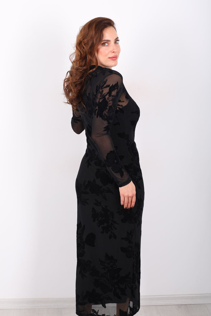 Kadife Baskılı Siyah Kadın Astarlı Elbise - 5