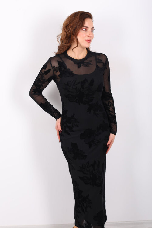 Kadife Baskılı Siyah Kadın Astarlı Elbise - 4