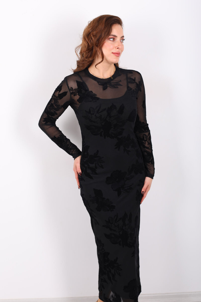 Kadife Baskılı Siyah Kadın Astarlı Elbise - 4