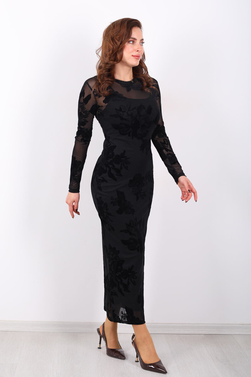 Kadife Baskılı Siyah Kadın Astarlı Elbise - 6