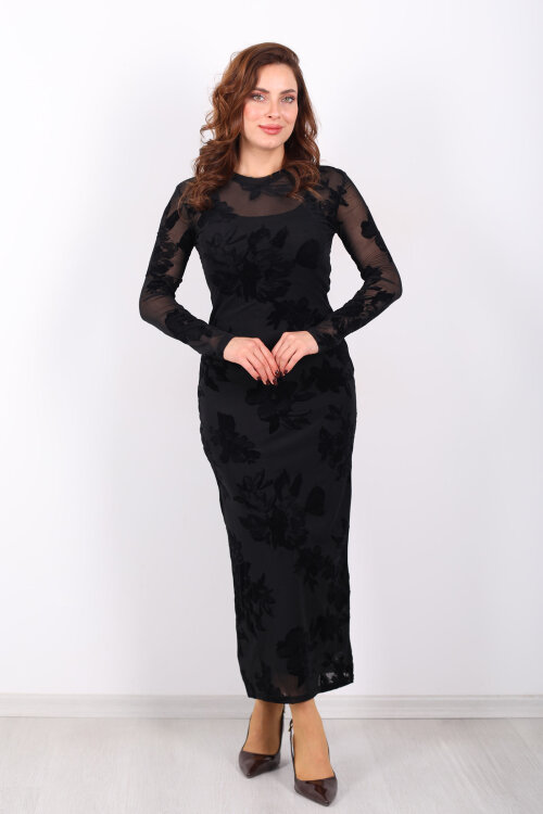 Kadife Baskılı Siyah Kadın Astarlı Elbise - 3