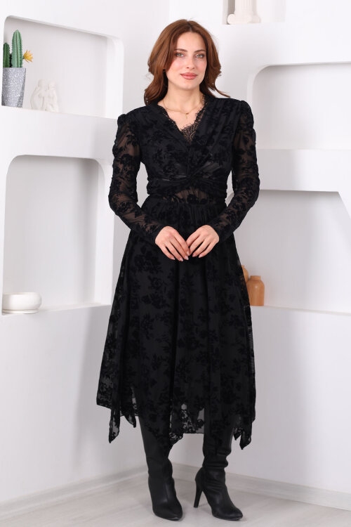 Kadife Desenli Asimetrik Kadın Siyah Maxi Tül Etek - 3