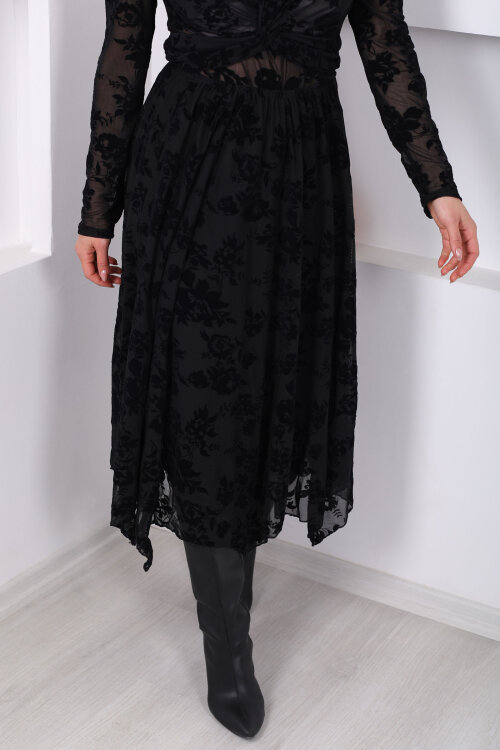 Kadife Desenli Asimetrik Kadın Siyah Maxi Tül Etek - Berox (1)