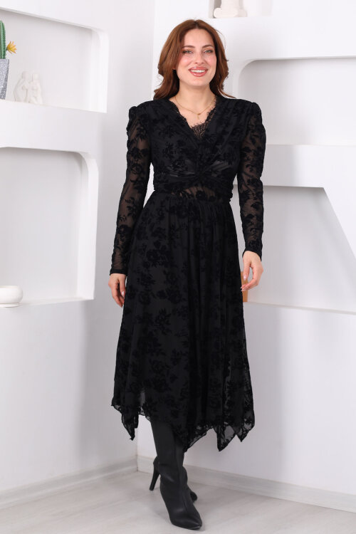 Kadife Desenli Asimetrik Kadın Siyah Maxi Tül Etek - 5