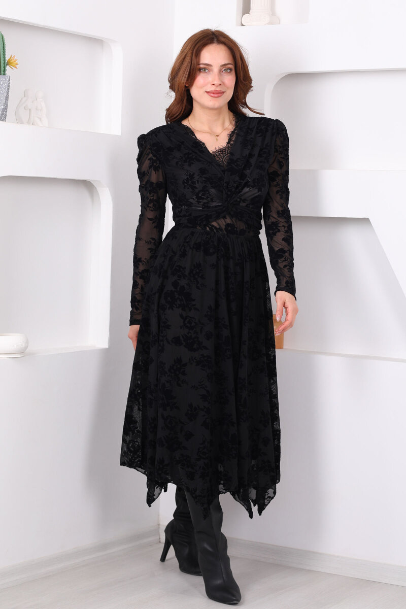 Kadife Desenli Asimetrik Kadın Siyah Maxi Tül Etek - 7