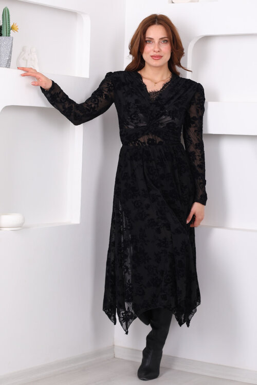 Kadife Desenli Asimetrik Kadın Siyah Maxi Tül Etek - 4