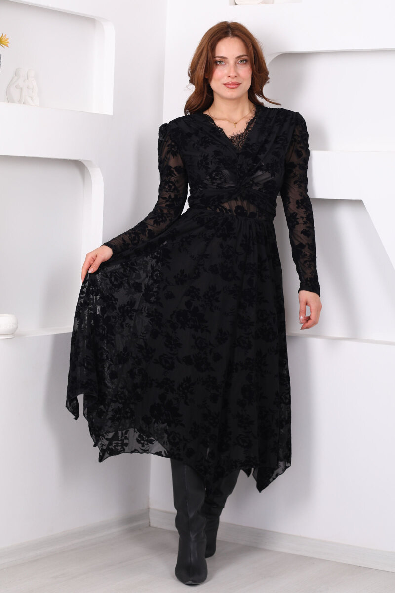 Kadife Desenli Asimetrik Kadın Siyah Maxi Tül Etek - 1