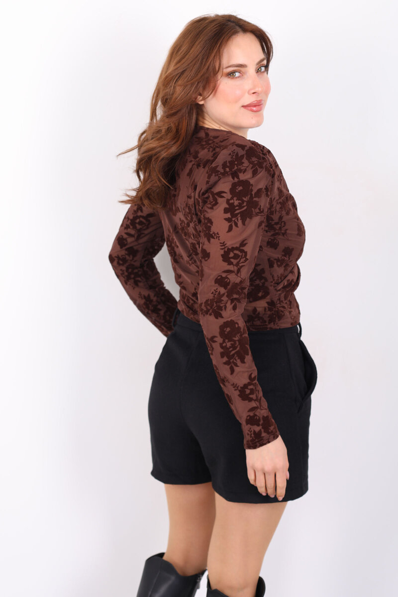 Kadife Desenli Güpürlü Kruvaze Yaka Kadın Kahverengi Tül Bluz - 5