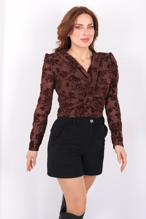 Kadife Desenli Güpürlü Kruvaze Yaka Kadın Kahverengi Tül Bluz - 4