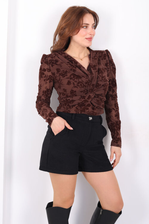 Kadife Desenli Güpürlü Kruvaze Yaka Kadın Kahverengi Tül Bluz - Berox