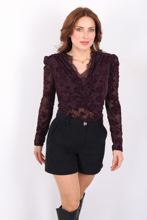 Kadife Desenli Güpürlü Kruvaze Yaka Kadın Mor Tül Bluz - 6