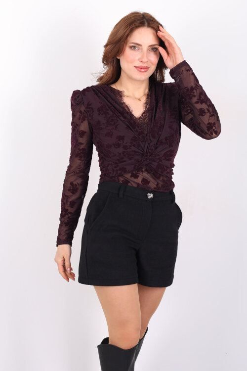 Kadife Desenli Güpürlü Kruvaze Yaka Kadın Mor Tül Bluz - 4