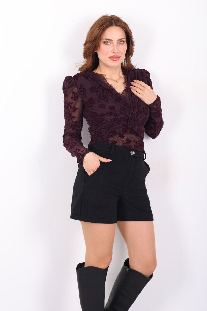 Kadife Desenli Güpürlü Kruvaze Yaka Kadın Mor Tül Bluz - 1