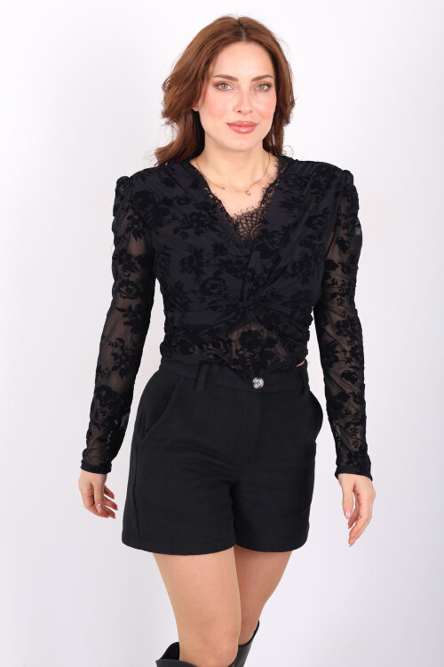 Kadife Desenli Güpürlü Kruvaze Yaka Kadın Siyah Tül Bluz - 6