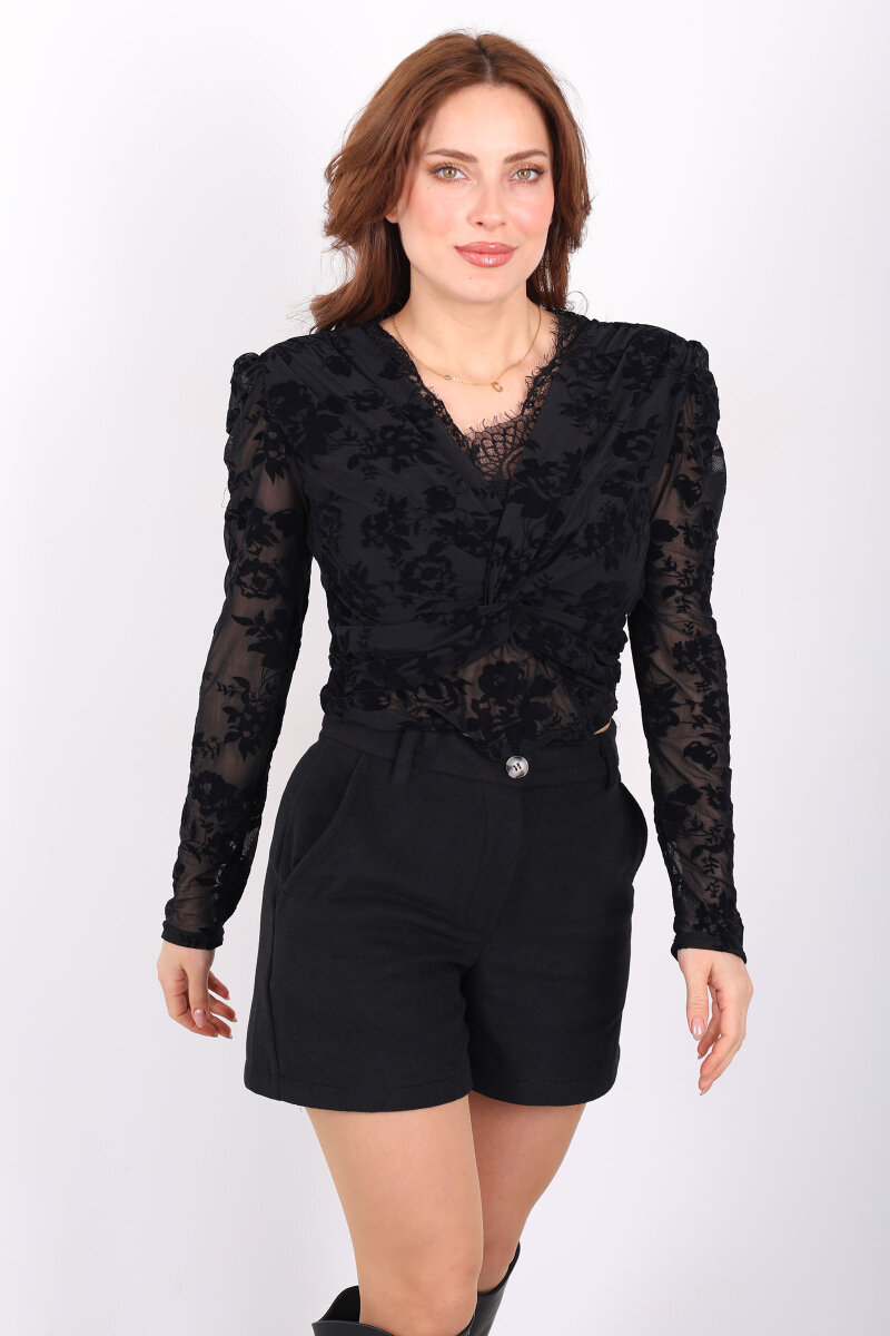 Kadife Desenli Güpürlü Kruvaze Yaka Kadın Siyah Tül Bluz - 6