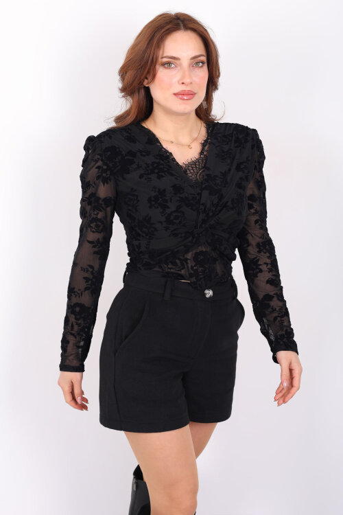 Kadife Desenli Güpürlü Kruvaze Yaka Kadın Siyah Tül Bluz - 4