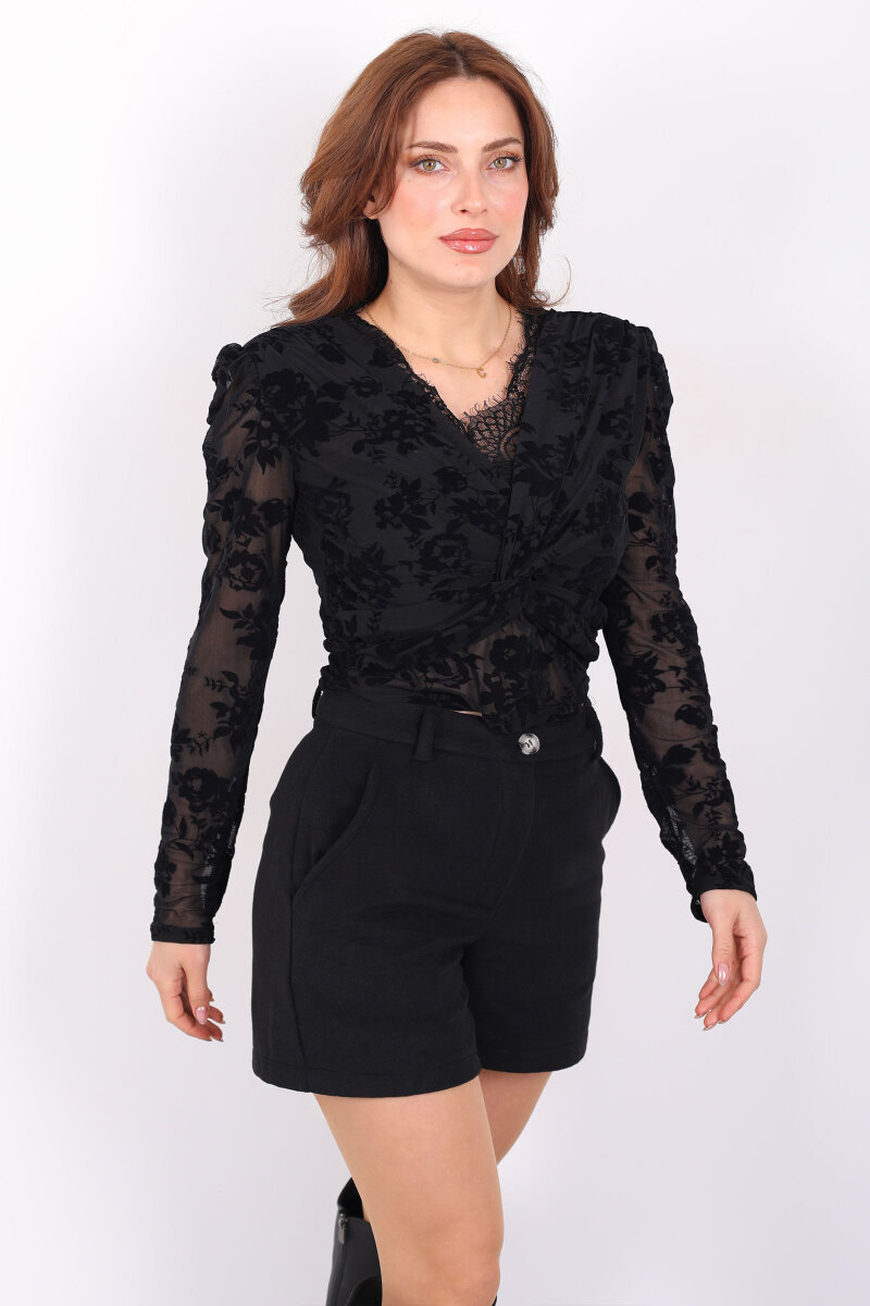 Kadife Desenli Güpürlü Kruvaze Yaka Kadın Siyah Tül Bluz - 4