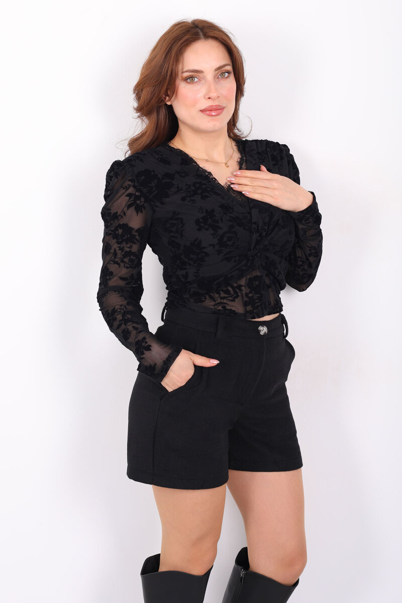 Kadife Desenli Güpürlü Kruvaze Yaka Kadın Siyah Tül Bluz - 3