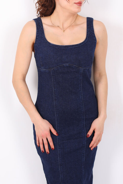 Kalın Askılı Arkası Yırtmaçlı Mavi Kar Yıkama Midi Kadın Kot Elbise - Berox (1)