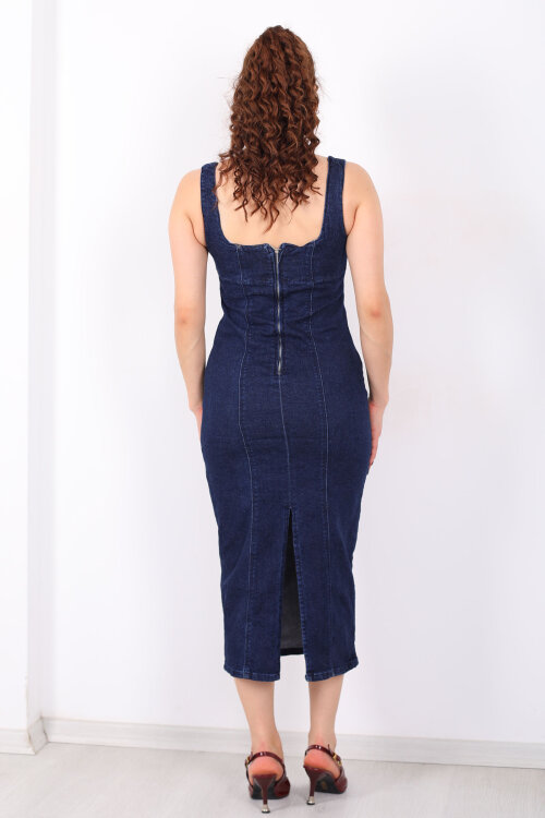 Kalın Askılı Arkası Yırtmaçlı Mavi Kar Yıkama Midi Kadın Kot Elbise - 7