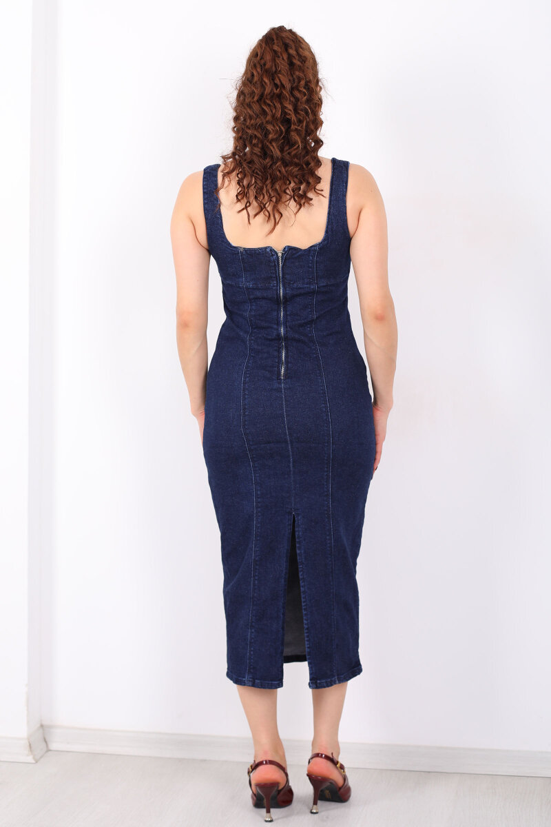 Kalın Askılı Arkası Yırtmaçlı Mavi Kar Yıkama Midi Kadın Kot Elbise - 7