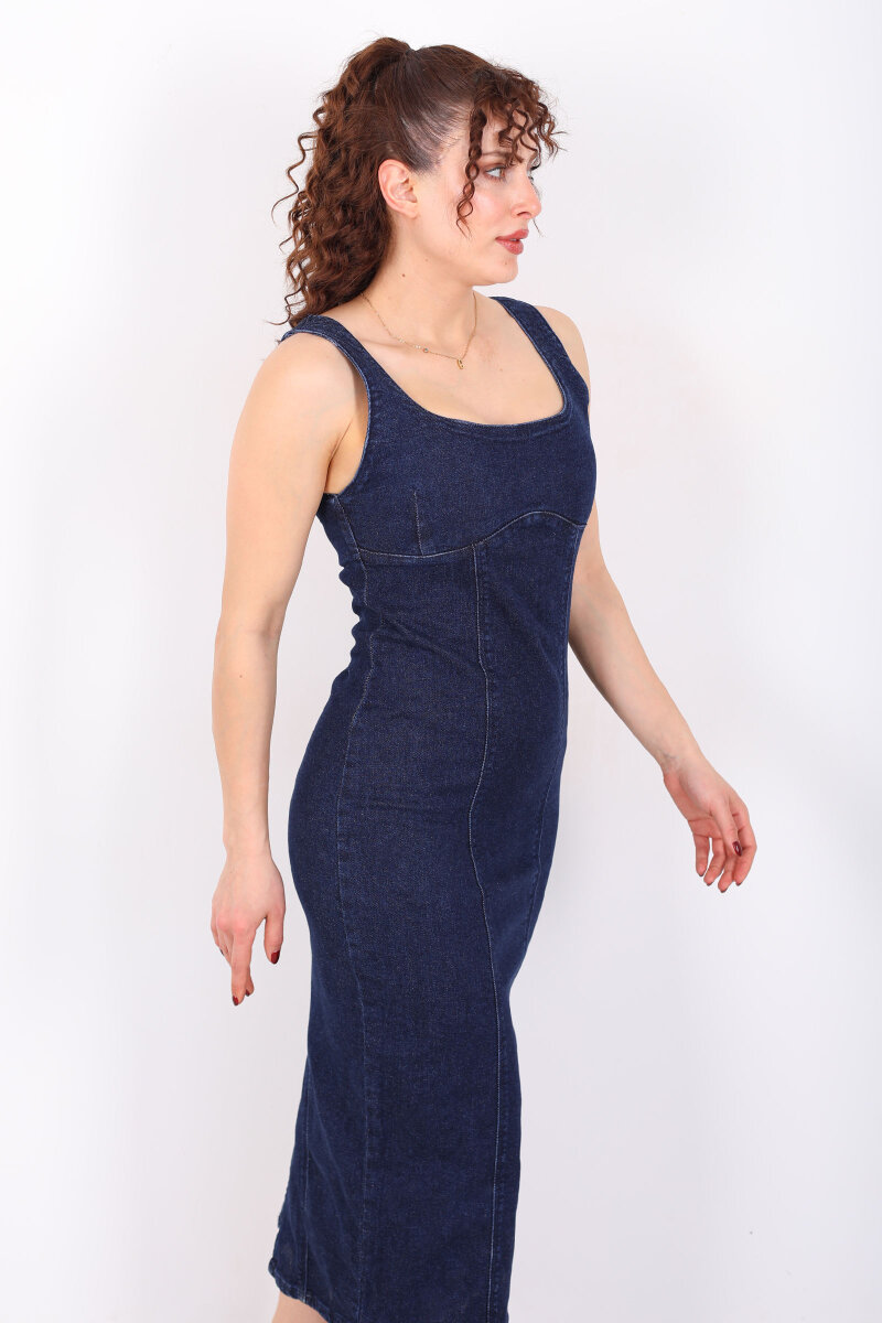 Kalın Askılı Arkası Yırtmaçlı Mavi Kar Yıkama Midi Kadın Kot Elbise - 4