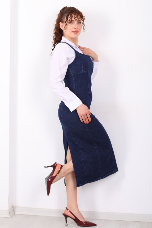 Kalın Askılı Arkası Yırtmaçlı Mavi Kar Yıkama Midi Kadın Kot Elbise - 5