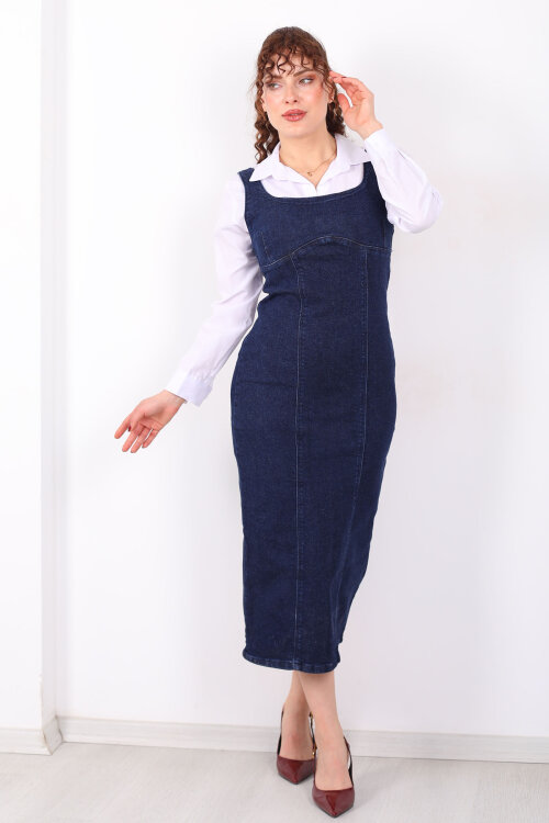 Kalın Askılı Arkası Yırtmaçlı Mavi Kar Yıkama Midi Kadın Kot Elbise - 3