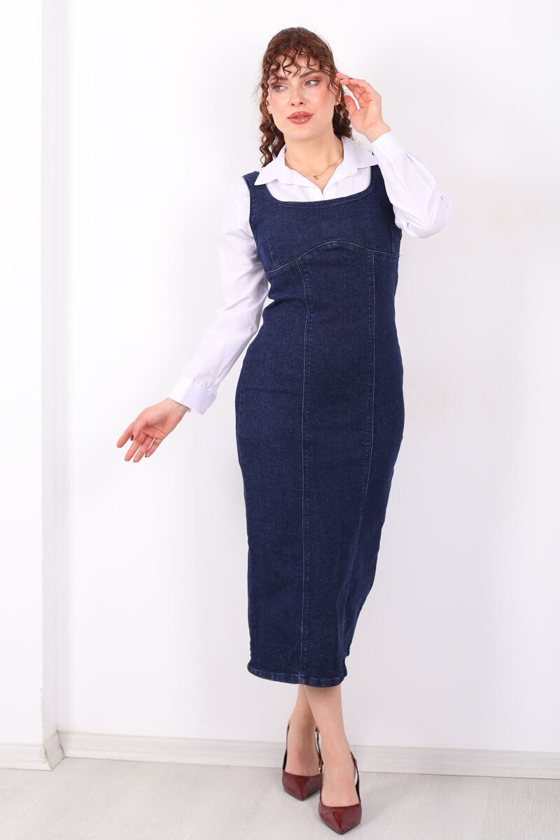 Kalın Askılı Arkası Yırtmaçlı Mavi Kar Yıkama Midi Kadın Kot Elbise - 3