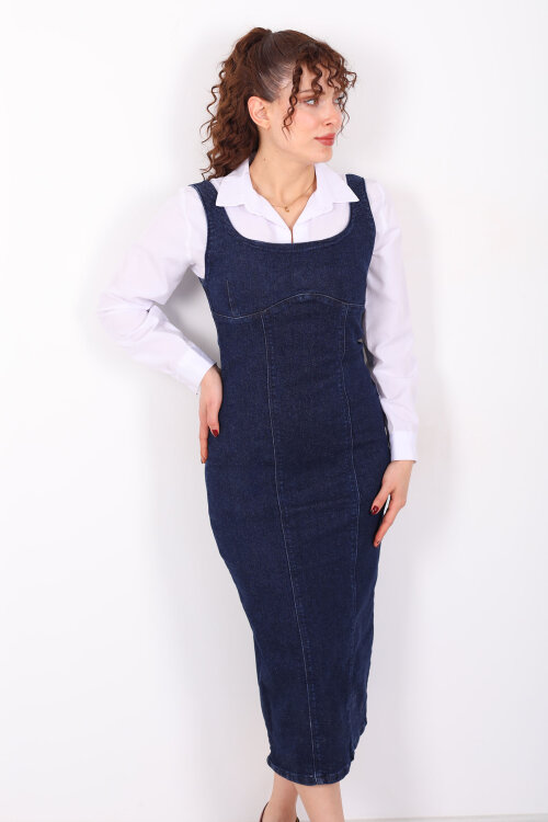 Kalın Askılı Arkası Yırtmaçlı Mavi Kar Yıkama Midi Kadın Kot Elbise - 6