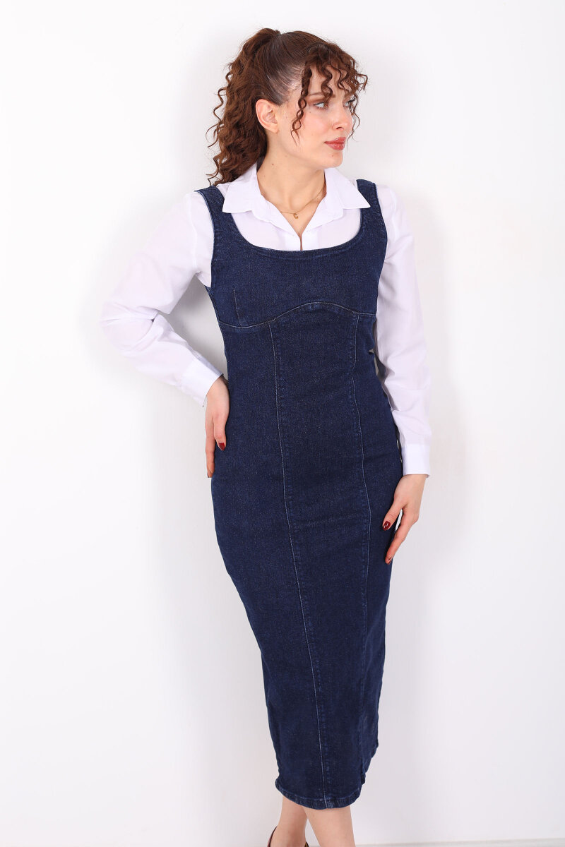 Kalın Askılı Arkası Yırtmaçlı Mavi Kar Yıkama Midi Kadın Kot Elbise - 6