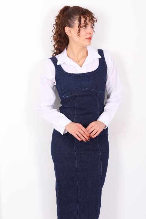 Kalın Askılı Arkası Yırtmaçlı Mavi Kar Yıkama Midi Kadın Kot Elbise - Berox