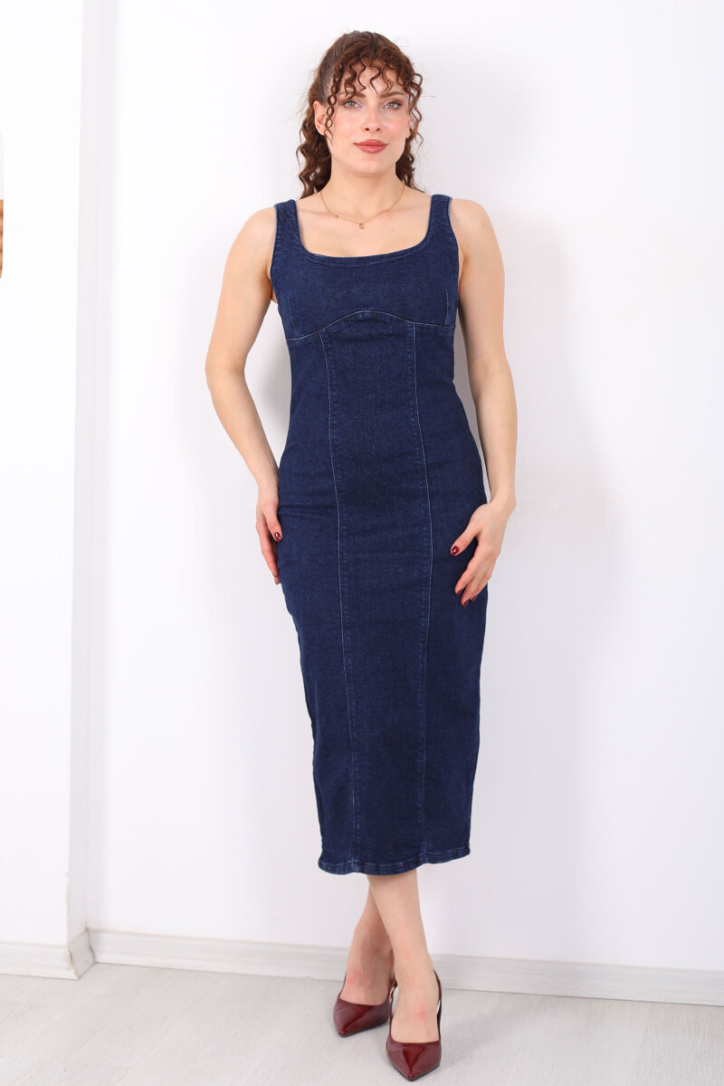 Kalın Askılı Arkası Yırtmaçlı Mavi Kar Yıkama Midi Kadın Kot Elbise - 8