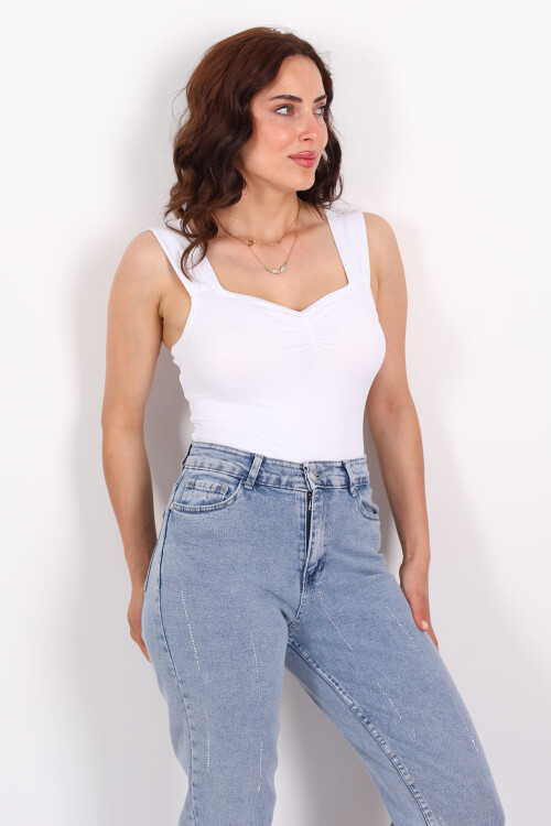 Kalın Askılı Sandy Çıtçıtlı Beyaz Kadın Body - 3