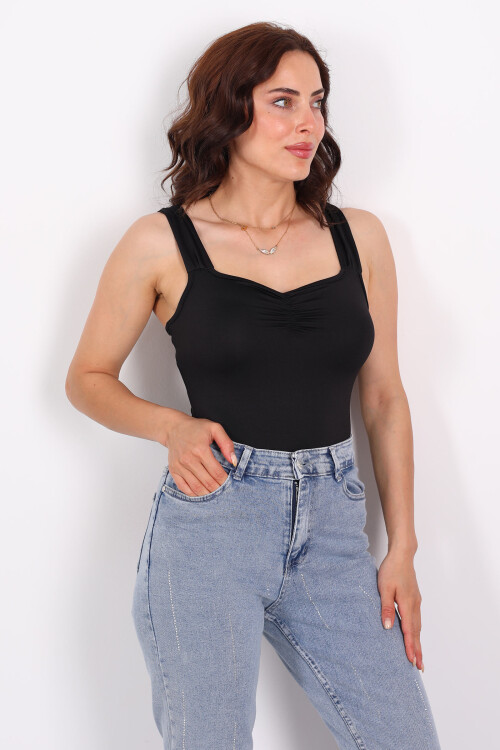 Kalın Askılı Sandy Çıtçıtlı Siyah Kadın Body - 1