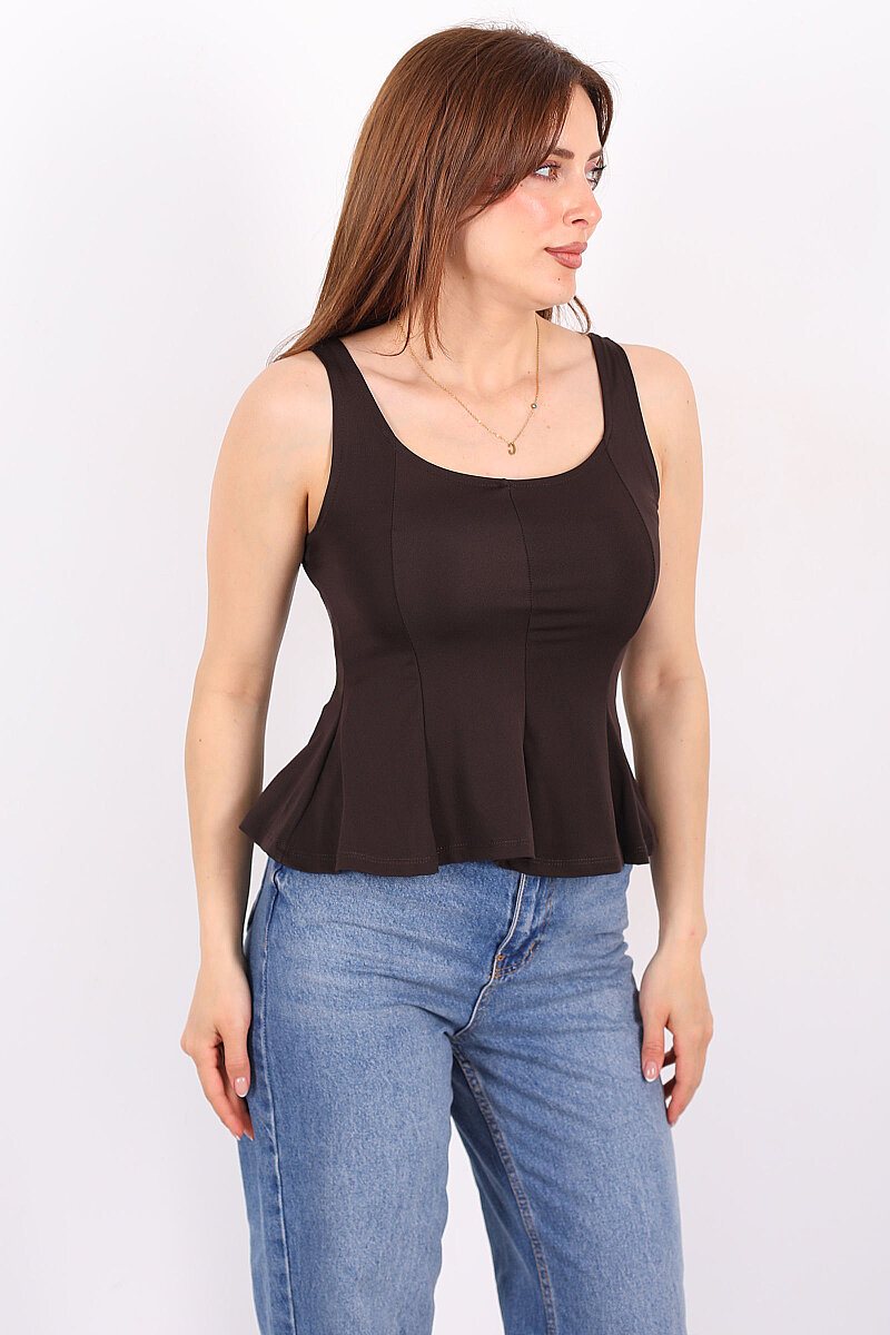 Kalın Askılı U Yaka Kadın Acı Kahve Peplum Bluz - 1