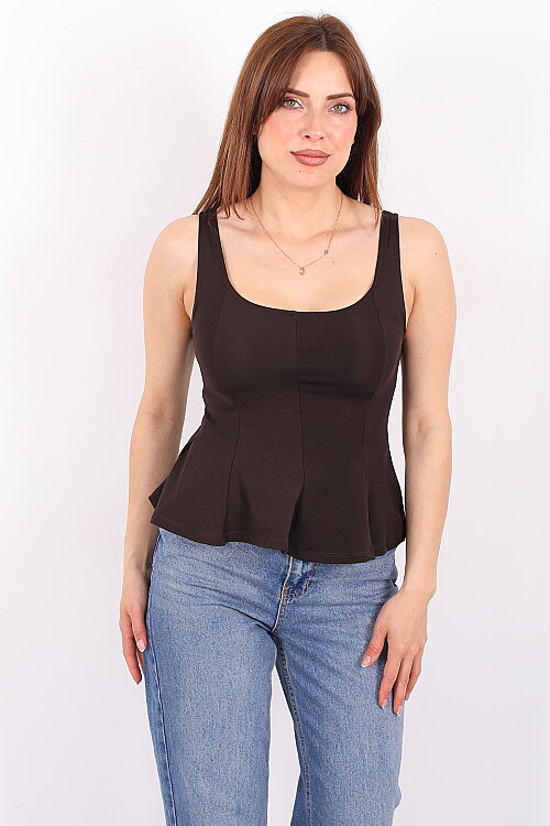 Kalın Askılı U Yaka Kadın Acı Kahve Peplum Bluz - 5