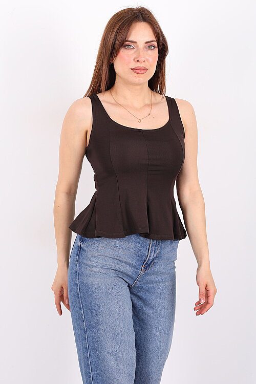 Kalın Askılı U Yaka Kadın Acı Kahve Peplum Bluz - 3