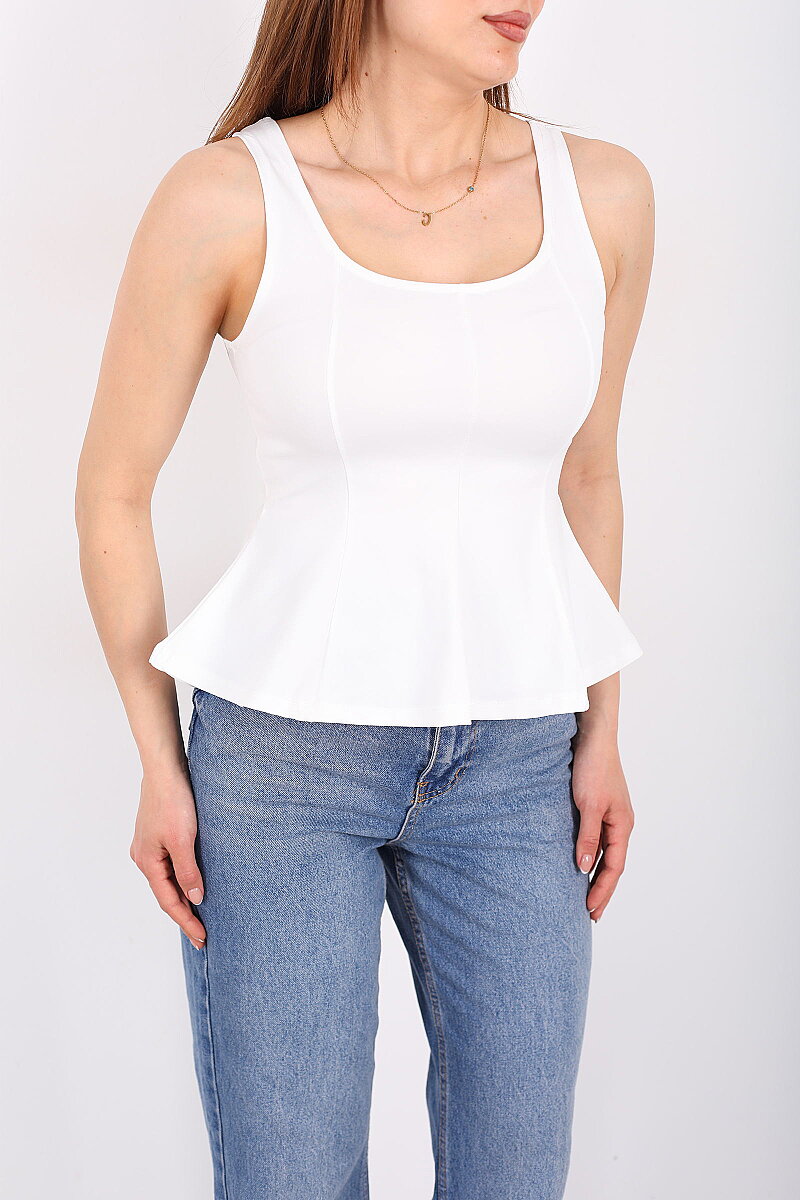 Kalın Askılı U Yaka Kadın Beyaz Peplum Bluz - 2