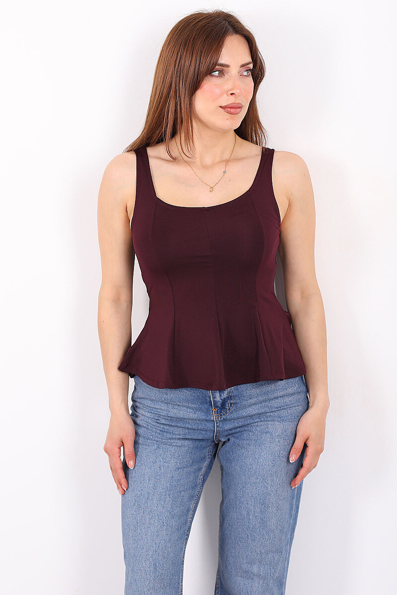 Kalın Askılı U Yaka Kadın Mürdüm Peplum Bluz - 6