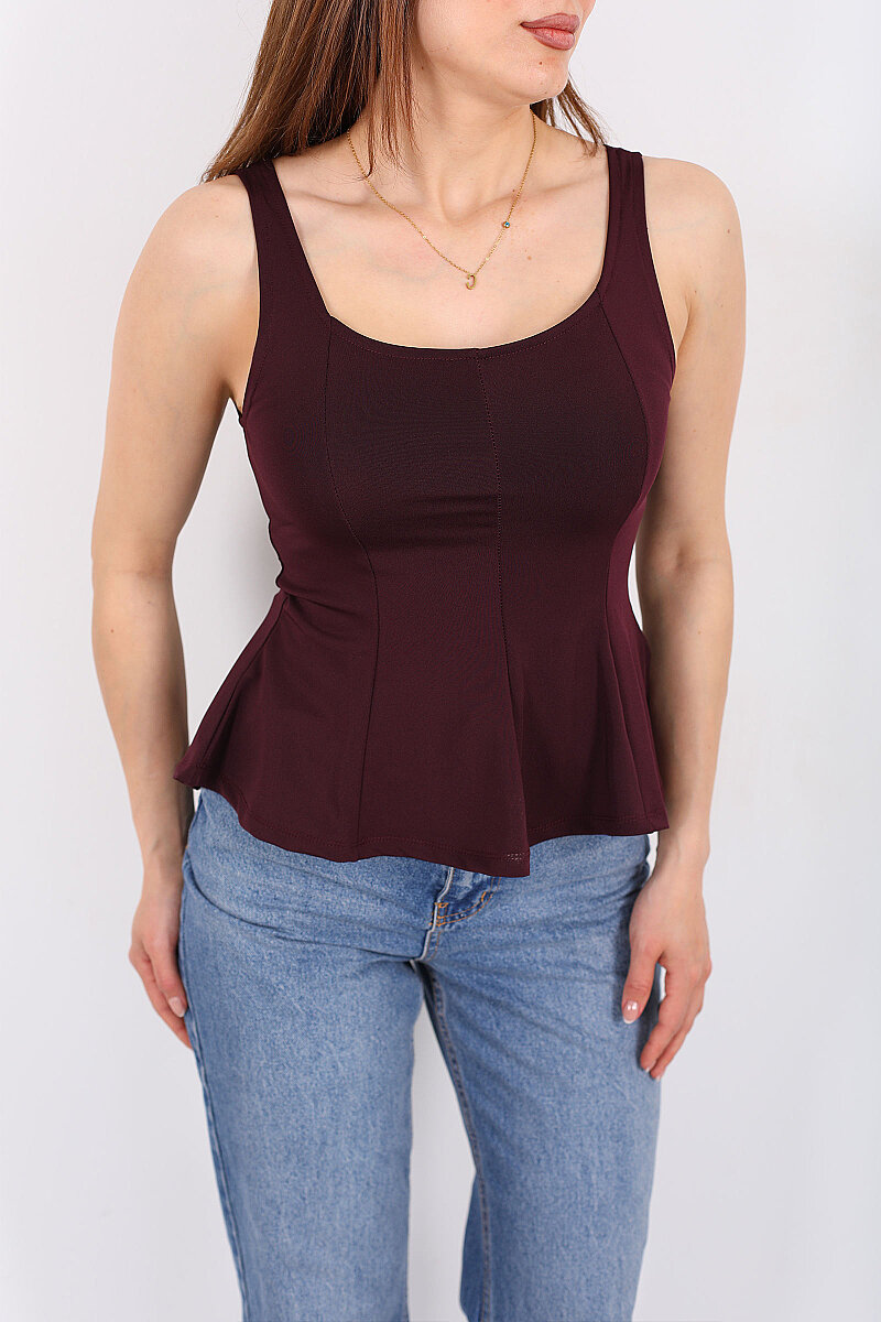 Kalın Askılı U Yaka Kadın Mürdüm Peplum Bluz - 2