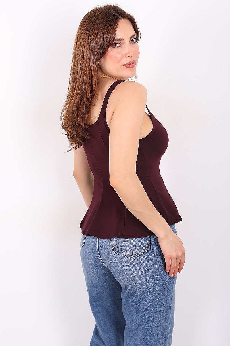 Kalın Askılı U Yaka Kadın Mürdüm Peplum Bluz - 5