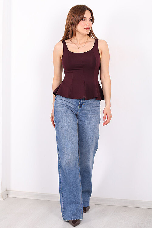 Kalın Askılı U Yaka Kadın Mürdüm Peplum Bluz - Berox